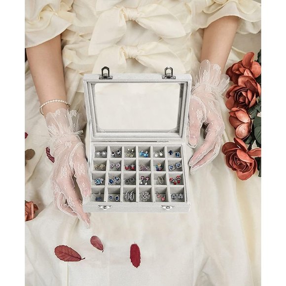 24 Grey Grid Velvet  Drawers Glass Clear Lid Showcase Display Storage Box - Picture 6 of 7